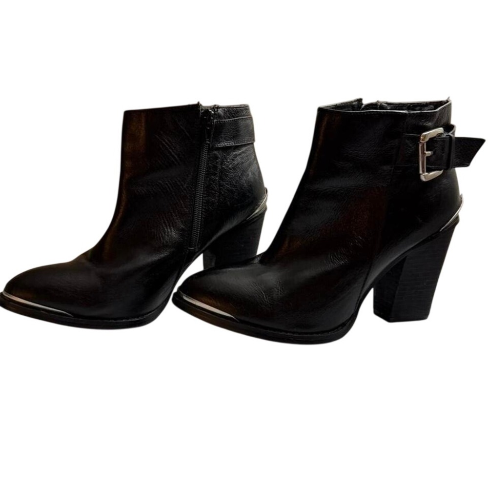 Yellowbox Christy Black Leather Ankle Boots with Silver Buckle size 9